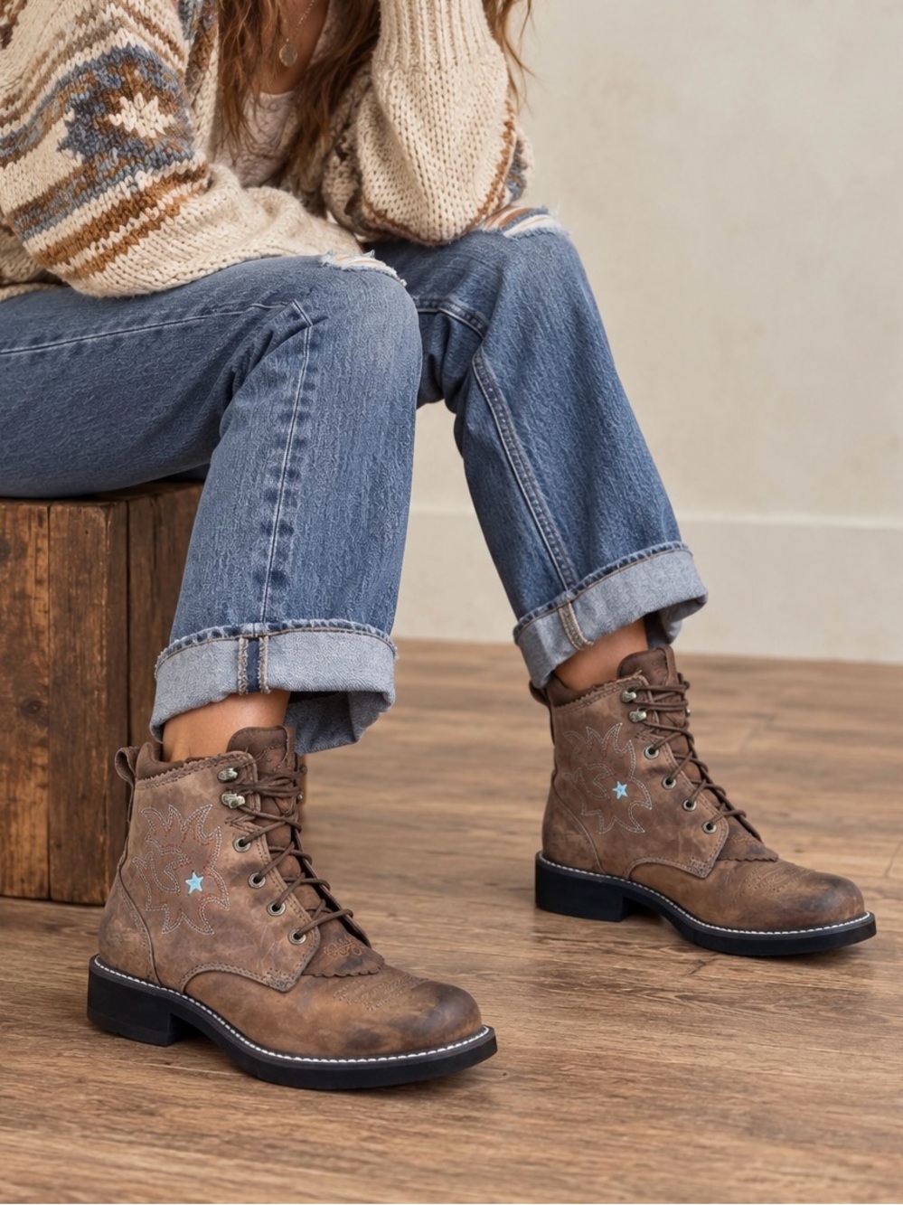 Ariat ProBaby Lacer Brown Leather Western Boots Blue Star Women’s 7B